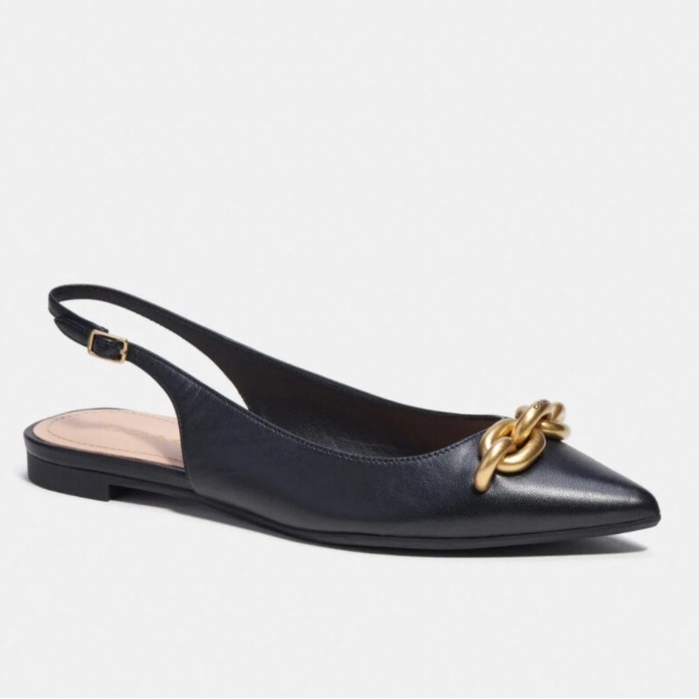 Coach Veronica Elegant Black Slingback Flats with Gold Chain Size 8.5